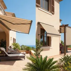 Disfruta del sol con estos tipos de toldos para patios: uno a rayas sobre tumbonas y otro beige sobre una ventana.