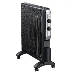 Radiador de mica negro con ruedas y dos perillas de control.