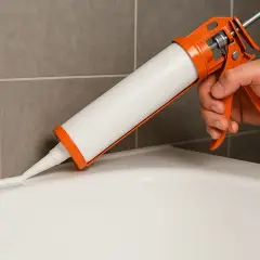 Mano aplicando silicona con pistola para sellar junta de bañera. Guía visual de como poner silicona en la ducha.