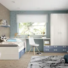 Habitación juvenil con cama, escritorio y armario. Ideas de pintura y decoración con dinosaurios y un coche de juguete.