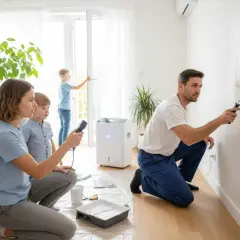 Familia pintando su casa para combatir la humedad. El padre pinta la pared, la madre y los niños observan.