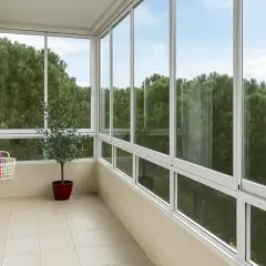 Balcones cerrados con ventanales que ofrecen vistas a un bosque de pinos. Una planta de olivo y cestas de almacenamiento añaden un toque hogareño.