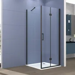 Mampara de ducha de esquina con perfilería negra, lista para instalar. Un diseño moderno para tu baño.