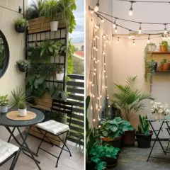 Ideas para decoracion terrazas pequeñas: balcón con mesa y sillas, espejo y plantas; otro con luces y muchas plantas.