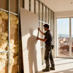 Obrero instala una hoja de pared de pladur en una obra, con aislamiento visible y vistas a la Sagrada Familia.