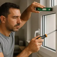 Hombre ajustando un **arreglo de ventanas de PVC** con nivel y destornillador.