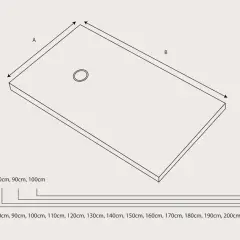 Diagrama ilustra las medidas de platos de ducha. Lado A: 70-100cm. Lado B: 70-210cm.