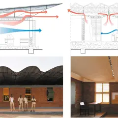 Diagramas y fotos de distintos tipos de cubiertas, mostrando ventilación natural y el exterior e interior de un edificio escolar.