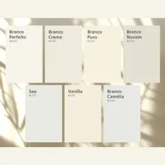Paleta de tipos de blanco pintura pared: Branco Perfeito, Creme, Puro, Nuvem, Sea, Vanilla y Camélia.