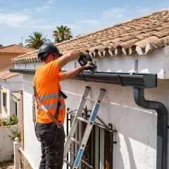 Trabajador en altura realizando la instalacion de canalones en una casa con tejas.