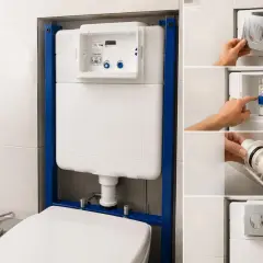 Instalación de cisterna empotrada. Si el vater pierde agua, aquí se muestra cómo acceder y reparar el mecanismo de descarga.