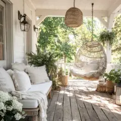 Ideas para decorar un porche cerrado: un banco acogedor, una silla colgante de mimbre y plantas crean un oasis de paz.