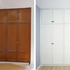 Antes y después de pintar armarios empotrados. Un cambio radical de madera oscura a blanco luminoso.