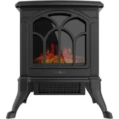 Chimenea eléctrica negra con efecto de leña ardiendo, ideal para aprovechar su diseño y calidez para calefacción.