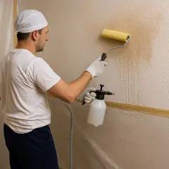 Hombre con rodillo y pulverizador aplica producto para quitar gotele de la pared.