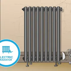 Radiador eléctrico gris con cable y enchufe. El radiador se abre hacia la derecha.