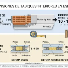 Comparativa de grosores de tabiques interiores: fábrica cerámica (10-15 cm) y sistemas ligeros de yeso laminado (desde 6-8 cm), mostrando el grosor tabique pladur.