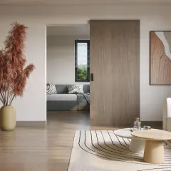 Instalar puerta corredera empotrada en un salón moderno con sofá gris, mesa de centro y planta decorativa.