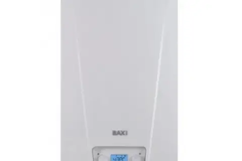 Caldera Baxi Neodens Plus. Pantalla digital muestra 43°C. Guía para bajar presión.