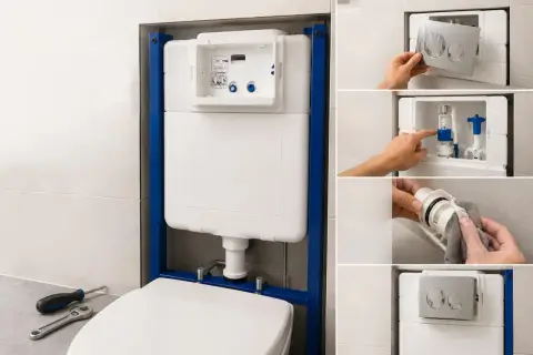 Instalación de cisterna empotrada. Si el vater pierde agua, aquí se muestra cómo acceder y reparar el mecanismo de descarga.