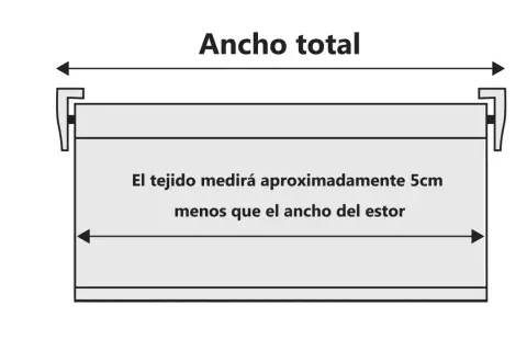 Diagrama para saber como colocar un estor plegable. El tejido mide 5cm menos que el ancho total.