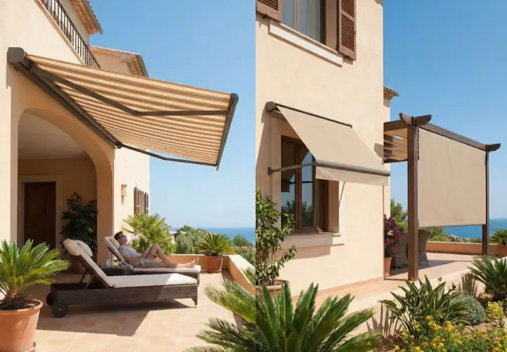 Disfruta del sol con estos tipos de toldos para patios: uno a rayas sobre tumbonas y otro beige sobre una ventana.