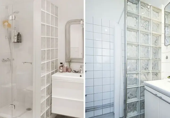 Ducha con mampara de cristal y pared de bloques de vidrio, ideal para evitar problemas de salpicaduras.
