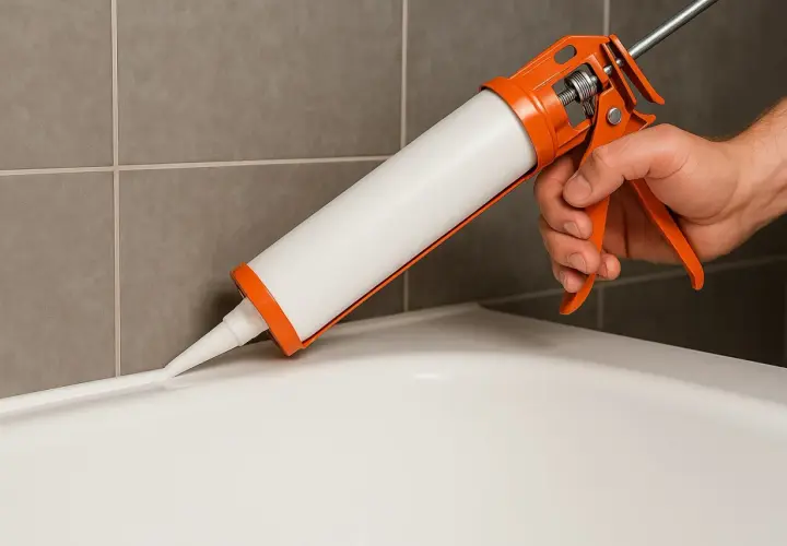 Mano aplicando silicona con pistola para sellar junta de bañera. Guía visual de como poner silicona en la ducha.