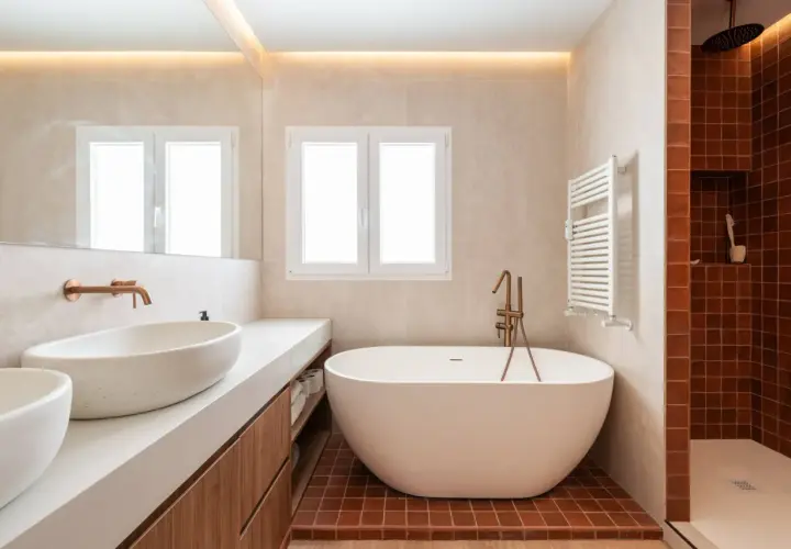 Baño moderno con bañera exenta y ducha. La iluminación indirecta en el techo y la luz natural de la ventana ayudan a como iluminar un baño.