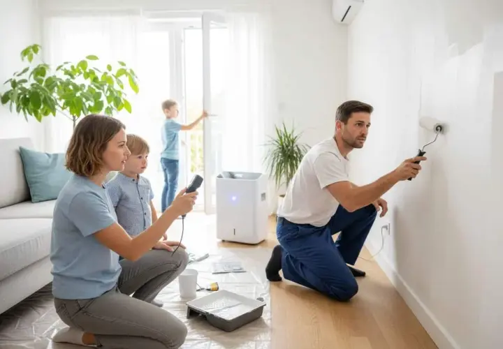 Familia pintando su casa para combatir la humedad. El padre pinta la pared, la madre y los niños observan.
