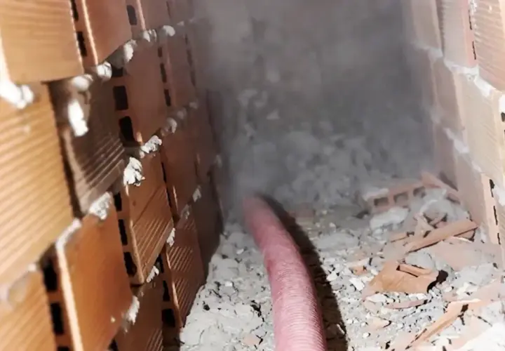 Proceso de aislamiento para como aislar un techo del calor, con material espumoso inyectado en cavidades de ladrillo.