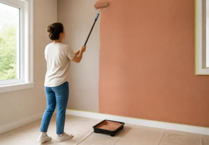 Mujer pintando una pared de color terracota con rodillo. Aprende como pintar paredes y transforma tu hogar.