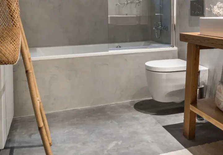Baño moderno con bañera, inodoro suspendido y lavabo de madera. Averigua cuanto cuesta poner una bañera.