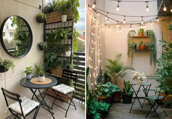 Ideas para decoracion terrazas pequeñas: balcón con mesa y sillas, espejo y plantas; otro con luces y muchas plantas.