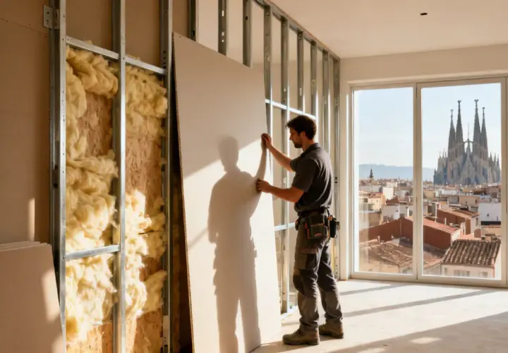 Obrero instala una hoja de pared de pladur en una obra, con aislamiento visible y vistas a la Sagrada Familia.