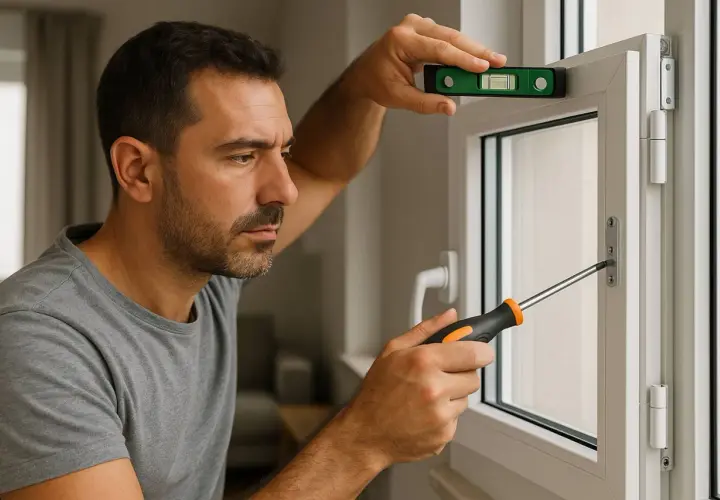Hombre ajustando un **arreglo de ventanas de PVC** con nivel y destornillador.