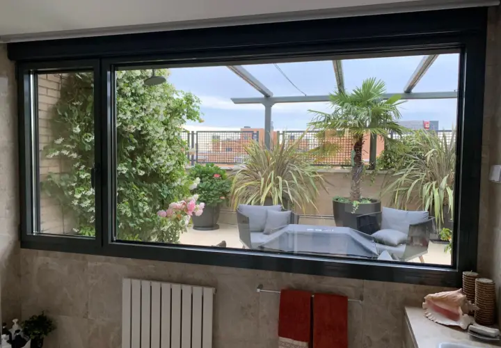 Ventana con perfil de aluminio negro, vista a terraza con plantas y mobiliario. ¿Cual es el mejor perfil de aluminio para ventanas?