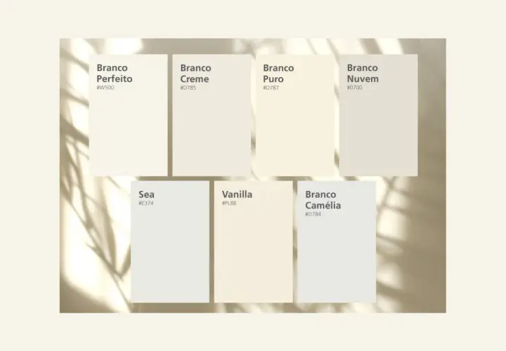 Paleta de tipos de blanco pintura pared: Branco Perfeito, Creme, Puro, Nuvem, Sea, Vanilla y Camélia.