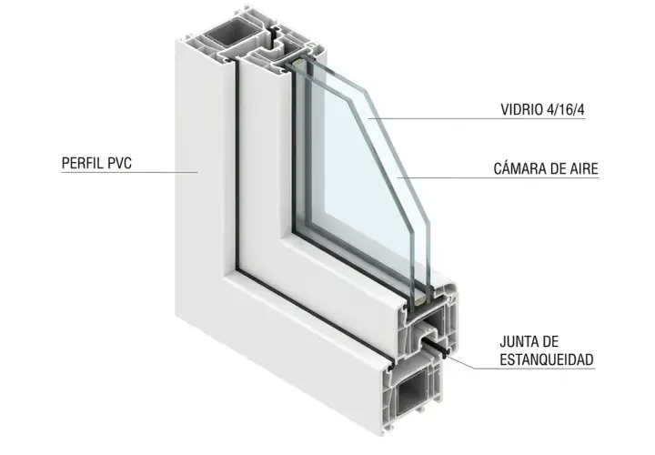 Corte de ventana PVC con doble acristalamiento y junta de estanqueidad. Ideal para el plan renove ventanas Comunidad de Madrid.