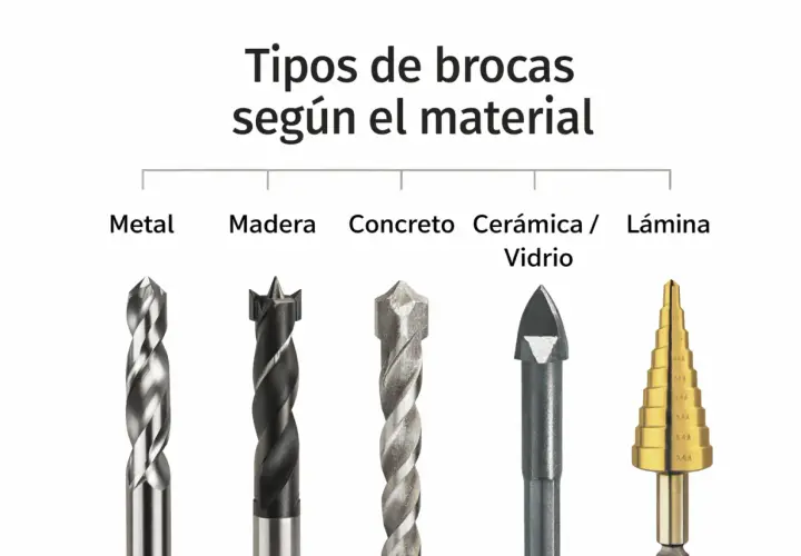 Cinco tipos de brocas para pared: metal, madera, concreto, cerámica/vidrio y broca escalonada.
