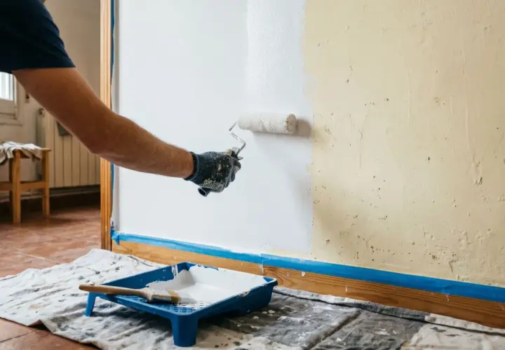 Persona aplicando pintura blanca con rodillo en pared, mostrando cómo hacer gotele con rodillo. Bandeja con pintura y brocha en el suelo.