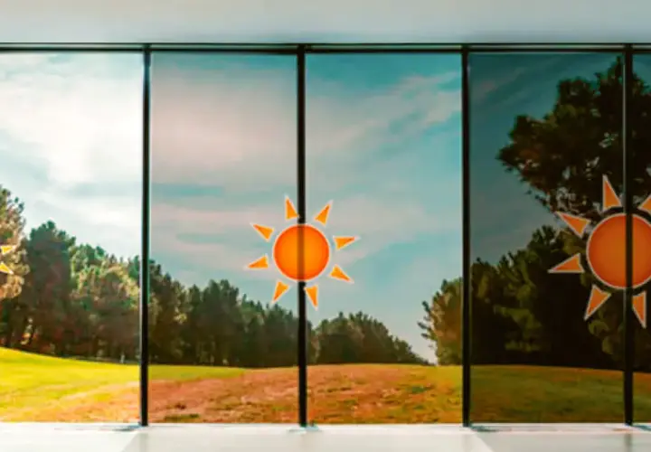 Ventana con **cristales que se oscurecen con el sol**, mostrando un paisaje de campo y árboles.