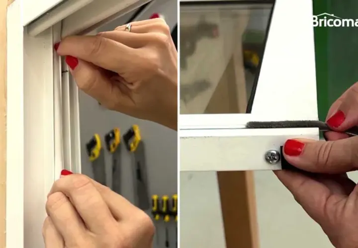 Manos aplican burlete para sellar puertas correderas, mejorando aislamiento.