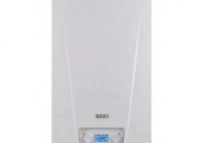 Caldera Baxi Neodens Plus. Pantalla digital muestra 43°C. Guía para bajar presión.