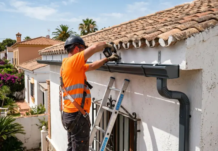 Trabajador en altura realizando la instalacion de canalones en una casa con tejas.