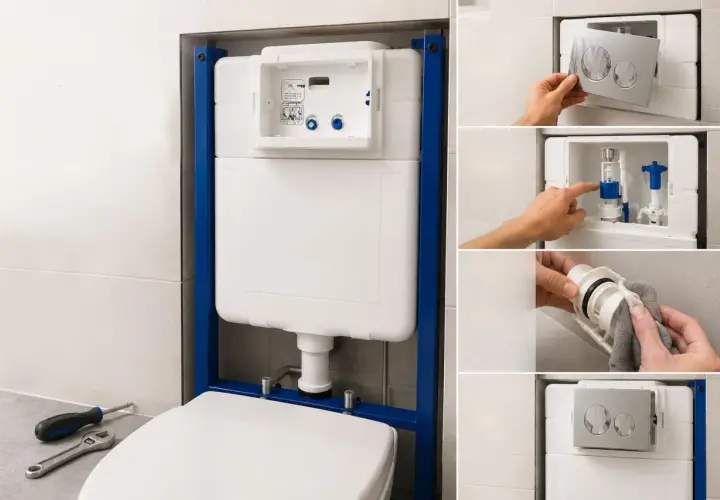 Instalación de cisterna empotrada. Si el vater pierde agua, aquí se muestra cómo acceder y reparar el mecanismo de descarga.
