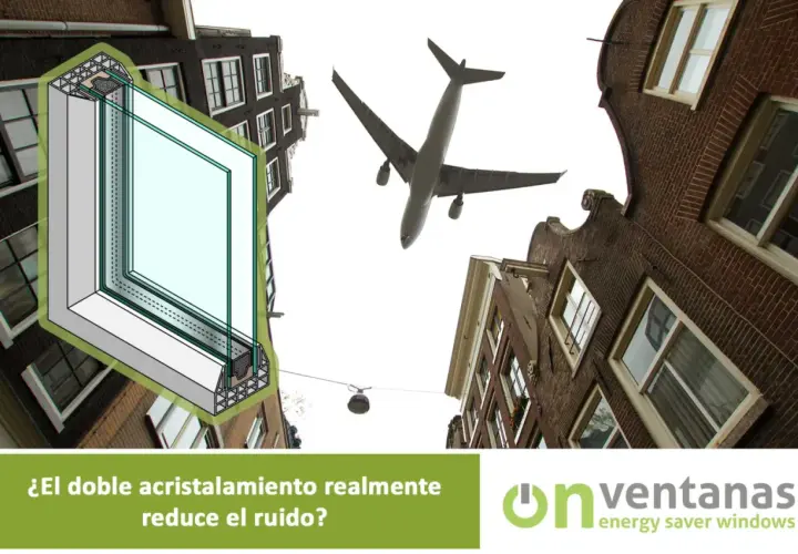 Un avión sobrevuela edificios antiguos. Un corte transversal muestra un **cristal anti ruido** de doble acristalamiento, sugiriendo aislamiento acústico.