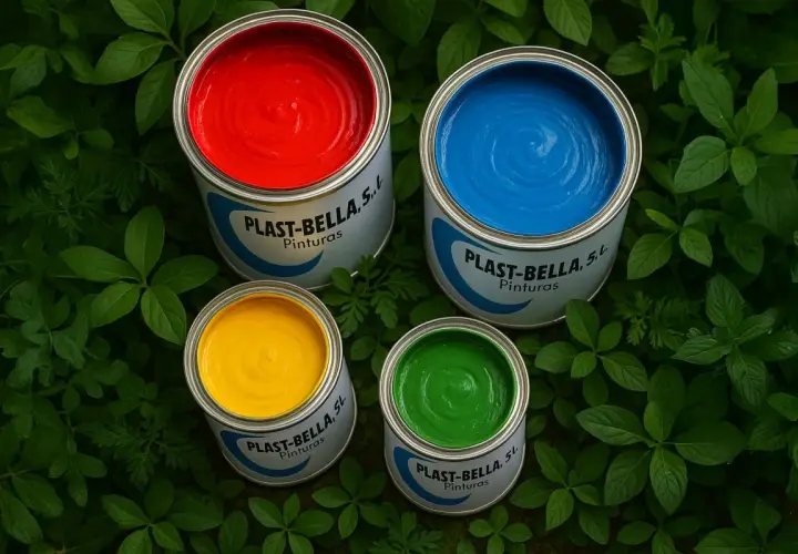 Latas de pintura para plástico de colores vibrantes: rojo, azul, amarillo y verde, rodeadas de hojas verdes.