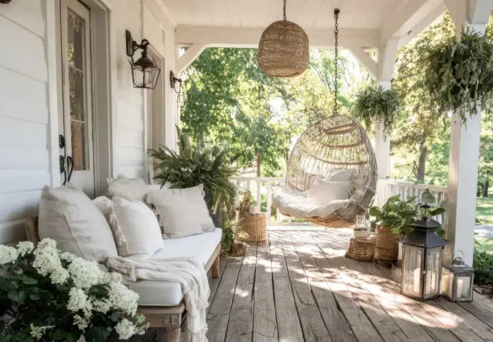 Ideas para decorar un porche cerrado: un banco acogedor, una silla colgante de mimbre y plantas crean un oasis de paz.