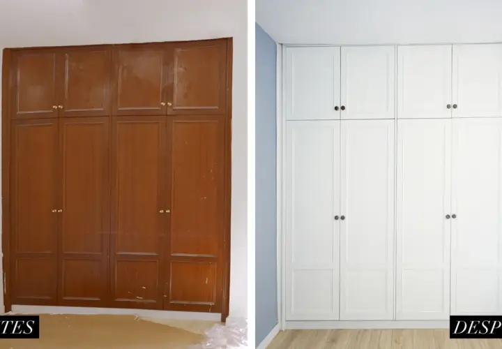 Antes y después de pintar armarios empotrados. Un cambio radical de madera oscura a blanco luminoso.